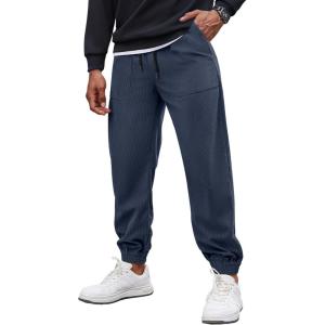 imageCOOFANDY Mens Corduroy Pants Casual Drawstring Trousers Elastic Waist Fashion Tapered Streetwear Joggers with PocketsNavy Blue