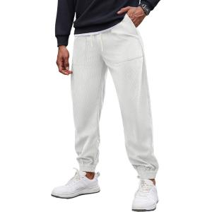imageCOOFANDY Mens Corduroy Pants Casual Drawstring Trousers Elastic Waist Fashion Tapered Streetwear Joggers with PocketsWhite