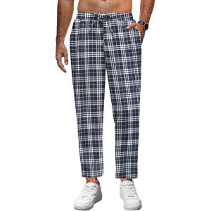 imageCOOFANDY Mens Linen Casual Pants Lightweight Drawstring Beach Pants Elastic Waist Cropped PantsBlack Plaid
