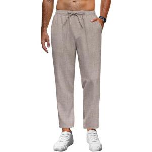 imageCOOFANDY Mens Linen Casual Pants Lightweight Drawstring Beach Pants Elastic Waist Cropped PantsChampagne