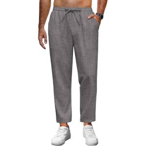 imageCOOFANDY Mens Linen Casual Pants Lightweight Drawstring Beach Pants Elastic Waist Cropped PantsDark Grey