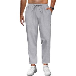 imageCOOFANDY Mens Linen Casual Pants Lightweight Drawstring Beach Pants Elastic Waist Cropped PantsLight Grey