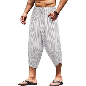 imageCOOFANDY Mens Linen Harem Capri Pants Lightweight Loose 34 Shorts Drawstring Elastic Waist Casual Beach Boho Yoga TrousersBlack Pinstripes