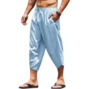 imageCOOFANDY Mens Linen Harem Capri Pants Lightweight Loose 34 Shorts Drawstring Elastic Waist Casual Beach Boho Yoga TrousersBlue Pinstripes