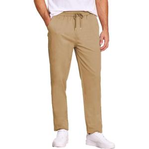 imageCOOFANDY Mens Casual Cotton Pants Regular Fit Elastic Waist Drawstring Twill Pants Straight Leg Chino PantsKhaki