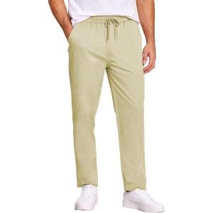 imageCOOFANDY Mens Casual Cotton Pants Regular Fit Elastic Waist Drawstring Twill Pants Straight Leg Chino PantsLight Khaki