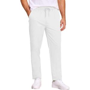 imageCOOFANDY Mens Casual Cotton Pants Regular Fit Elastic Waist Drawstring Twill Pants Straight Leg Chino PantsWhite