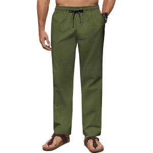 imageCOOFANDY Mens Casual Linen Pants Lightweight Summer Beach Pant Loose Fit Drawstring Elastic Waist TrousersArmy Green