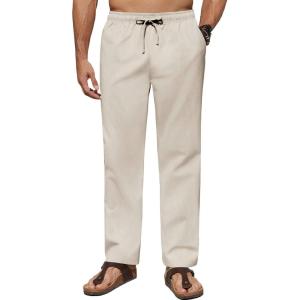 imageCOOFANDY Mens Casual Linen Pants Lightweight Summer Beach Pant Loose Fit Drawstring Elastic Waist TrousersBeige