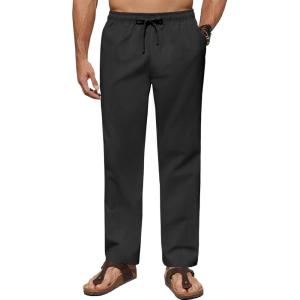 imageCOOFANDY Mens Casual Linen Pants Lightweight Summer Beach Pant Loose Fit Drawstring Elastic Waist TrousersBlack