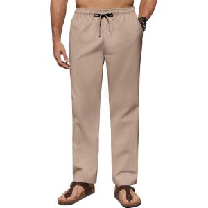 imageCOOFANDY Mens Casual Linen Pants Lightweight Summer Beach Pant Loose Fit Drawstring Elastic Waist TrousersKhaki