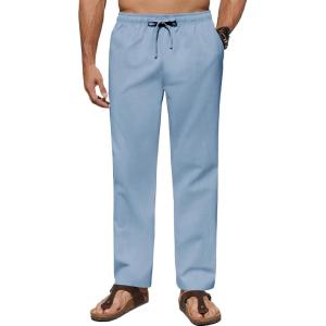 imageCOOFANDY Mens Casual Linen Pants Lightweight Summer Beach Pant Loose Fit Drawstring Elastic Waist TrousersLight Blue