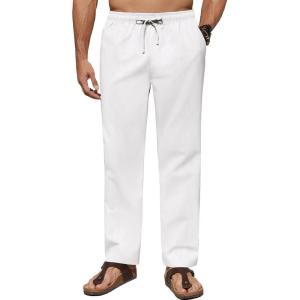 imageCOOFANDY Mens Casual Linen Pants Lightweight Summer Beach Pant Loose Fit Drawstring Elastic Waist TrousersWhite
