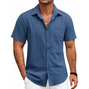 imageCOOFANDY Mens Button Down Shirts Lightweight Breathable Short Sleeve Shirt Summer Beach TopDenim Blue