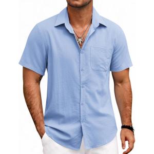 imageCOOFANDY Mens Button Down Shirts Lightweight Breathable Short Sleeve Shirt Summer Beach TopLight Blue