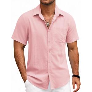 imageCOOFANDY Mens Button Down Shirts Lightweight Breathable Short Sleeve Shirt Summer Beach TopPink