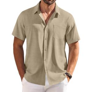 imageCOOFANDY Shirts for Men Short Sleeve Button Down Shirt Casual Summer Beach ShirtsKhaki