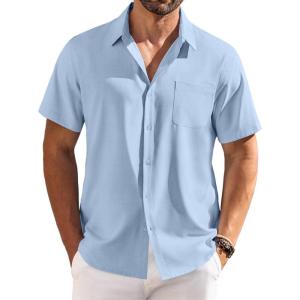 imageCOOFANDY Shirts for Men Short Sleeve Button Down Shirt Casual Summer Beach ShirtsLight Blue