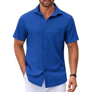 imageCOOFANDY Mens Casual Button Down Shirt Untucked Short Sleeve Strech Wrinkle Free Dress ShirtsBlue