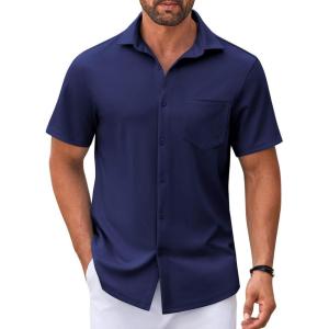 imageCOOFANDY Mens Casual Button Down Shirt Untucked Short Sleeve Strech Wrinkle Free Dress ShirtsDeep Blue