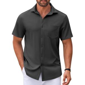 imageCOOFANDY Mens Casual Button Down Shirt Untucked Short Sleeve Strech Wrinkle Free Dress ShirtsDeep Grey