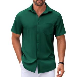 imageCOOFANDY Mens Casual Button Down Shirt Untucked Short Sleeve Strech Wrinkle Free Dress ShirtsEvergreen