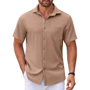 imageCOOFANDY Mens Casual Button Down Shirt Untucked Short Sleeve Strech Wrinkle Free Dress ShirtsKhaki