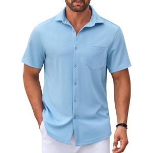 imageCOOFANDY Mens Casual Button Down Shirt Untucked Short Sleeve Strech Wrinkle Free Dress ShirtsLight Blue