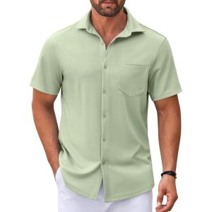 imageCOOFANDY Mens Casual Button Down Shirt Untucked Short Sleeve Strech Wrinkle Free Dress ShirtsLight Green