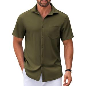 imageCOOFANDY Mens Casual Button Down Shirt Untucked Short Sleeve Strech Wrinkle Free Dress ShirtsOlive Green