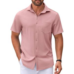imageCOOFANDY Mens Casual Button Down Shirt Untucked Short Sleeve Strech Wrinkle Free Dress ShirtsPink