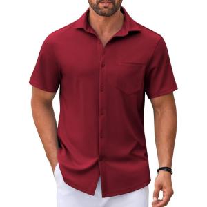 imageCOOFANDY Mens Casual Button Down Shirt Untucked Short Sleeve Strech Wrinkle Free Dress ShirtsRed
