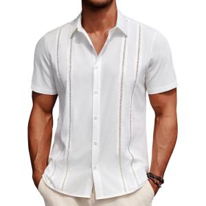 imageCOOFANDY Mens Cuban Guayabera Shirt Summer Beach Vacation Shirt Casual Short Sleeve Button Down Resort WearAwhite