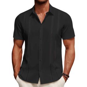 imageCOOFANDY Mens Cuban Guayabera Shirt Summer Beach Vacation Shirt Casual Short Sleeve Button Down Resort WearBlack