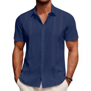 imageCOOFANDY Mens Cuban Guayabera Shirt Summer Beach Vacation Shirt Casual Short Sleeve Button Down Resort WearBlack Iris
