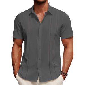 imageCOOFANDY Mens Cuban Guayabera Shirt Summer Beach Vacation Shirt Casual Short Sleeve Button Down Resort WearGranite Gray
