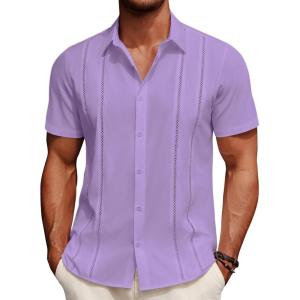 imageCOOFANDY Mens Cuban Guayabera Shirt Summer Beach Vacation Shirt Casual Short Sleeve Button Down Resort WearPurple Rose