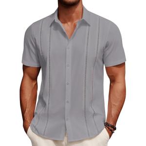 imageCOOFANDY Mens Cuban Guayabera Shirt Summer Beach Vacation Shirt Casual Short Sleeve Button Down Resort WearQuiet Gray