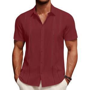 imageCOOFANDY Mens Cuban Guayabera Shirt Summer Beach Vacation Shirt Casual Short Sleeve Button Down Resort WearRed Dahlia