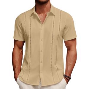 imageCOOFANDY Mens Cuban Guayabera Shirt Summer Beach Vacation Shirt Casual Short Sleeve Button Down Resort WearSesame