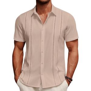 imageCOOFANDY Mens Cuban Guayabera Shirt Summer Beach Vacation Shirt Casual Short Sleeve Button Down Resort WearShortbread
