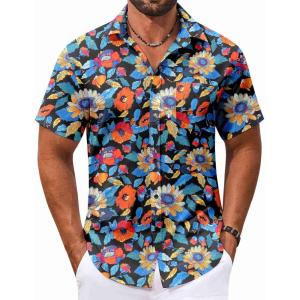 imageCOOFANDY Mens Hawaiian Shirt Short Sleeve Casual Button Down Tropical Summer Beach Aloha ShirtsBlackcolorful Flowers