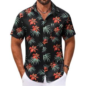 imageCOOFANDY Mens Hawaiian Shirt Short Sleeve Casual Button Down Tropical Summer Beach Aloha ShirtsBlackred Flowers