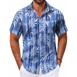 imageCOOFANDY Mens Hawaiian Shirt Short Sleeve Casual Button Down Tropical Summer Beach Aloha ShirtsBlueplam Leaves
