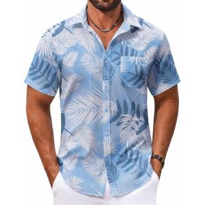 imageCOOFANDY Mens Hawaiian Shirt Short Sleeve Casual Button Down Tropical Summer Beach Aloha ShirtsBluewhite Leaves
