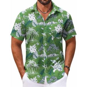 imageCOOFANDY Mens Hawaiian Shirt Short Sleeve Casual Button Down Tropical Summer Beach Aloha ShirtsGreenwhite Flowers
