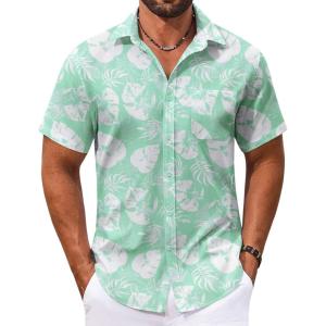 imageCOOFANDY Mens Hawaiian Shirt Short Sleeve Casual Button Down Tropical Summer Beach Aloha ShirtsGreenwhite Leaves