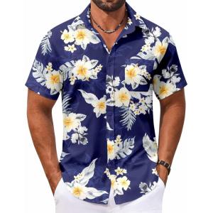 imageCOOFANDY Mens Hawaiian Shirt Short Sleeve Casual Button Down Tropical Summer Beach Aloha ShirtsNavyorange Flowers