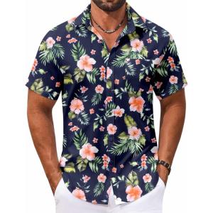imageCOOFANDY Mens Hawaiian Shirt Short Sleeve Casual Button Down Tropical Summer Beach Aloha ShirtsNavypink Flowers