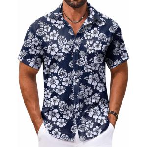 imageCOOFANDY Mens Hawaiian Shirt Short Sleeve Casual Button Down Tropical Summer Beach Aloha ShirtsNavywhite Flowers